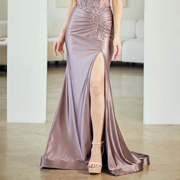 New Gala Sheath Victorian Purple Dress w/ Scoop Neck & Beaded Bodice AC 8059 - Picture 6 of 9